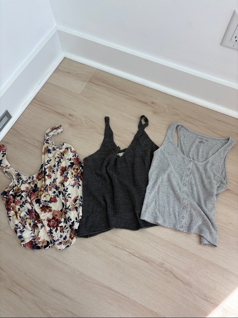 American Eagle Outfitters Floral, dark grey, and Light Gray Tank Top Trio